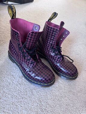 Dr. Martens Burgundy & Black Houndstooth 8-Eye Lace-Up Boots